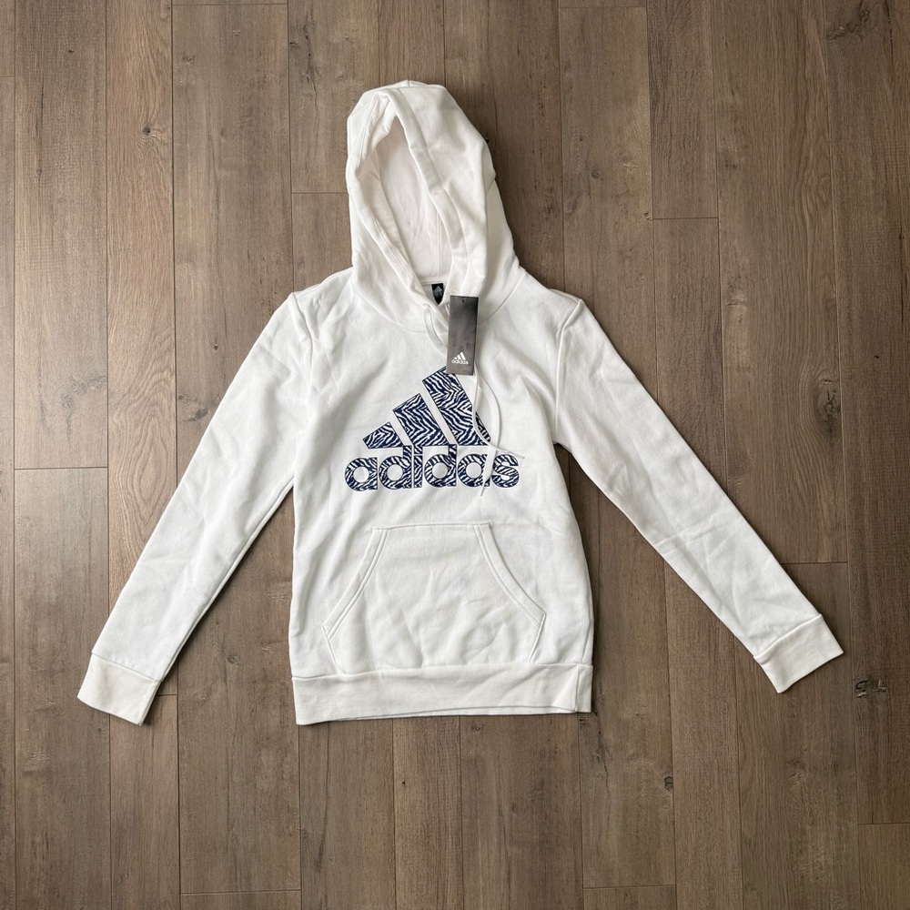 Adidas White Hoodie with Zebra Patterned Blue Logo NWT - Picture 2 of 8